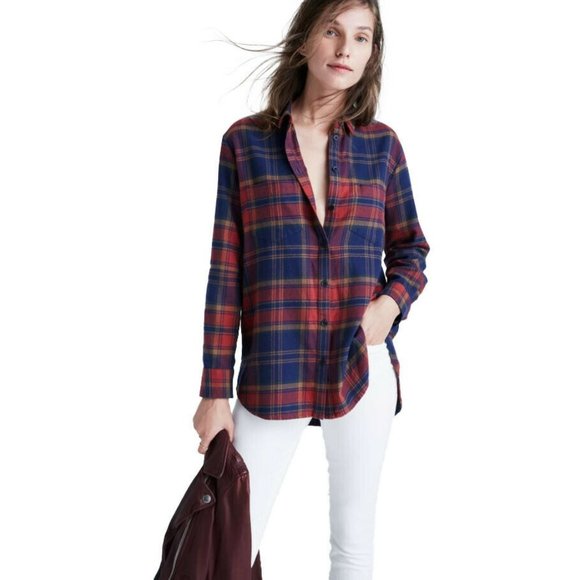 MADEWELL Womens Size XS Flannel Oversized Ex Boyfriend Shirt Lewis Plaid F5939